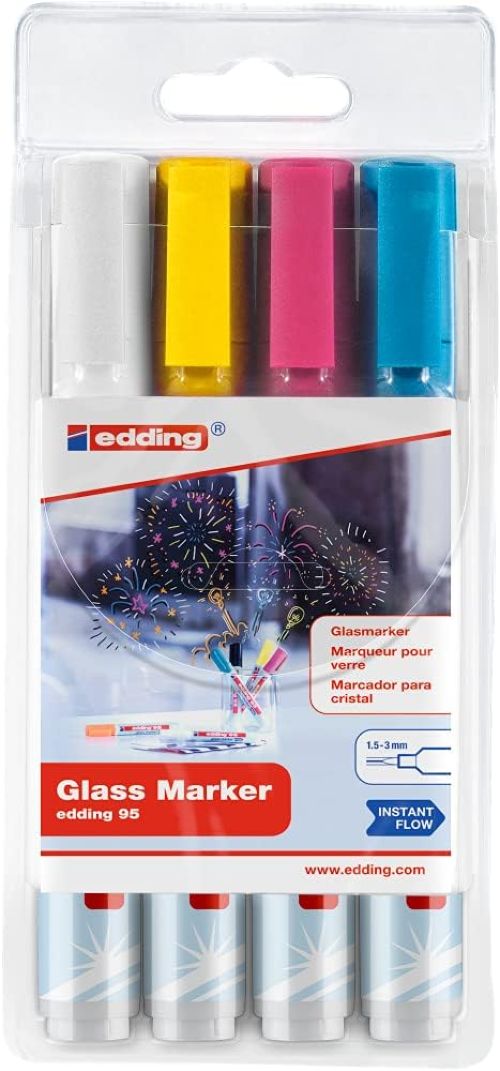 Estuche 4 rotulador vidrio edding 95 colores amarillo, rosa, azul y blanco