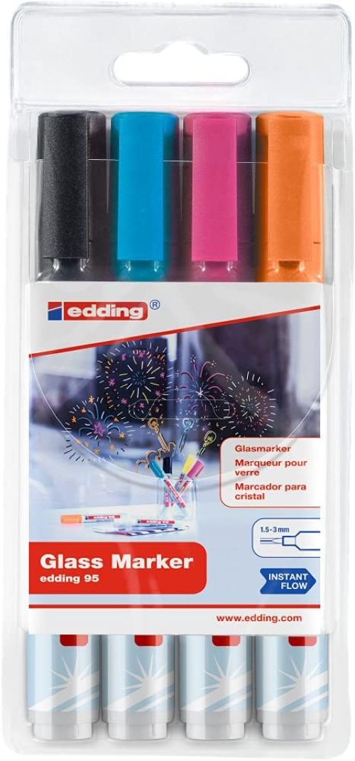 Estuche 4 rotuladores vidrio edding 95 colores negro, naranja, rosa y azul