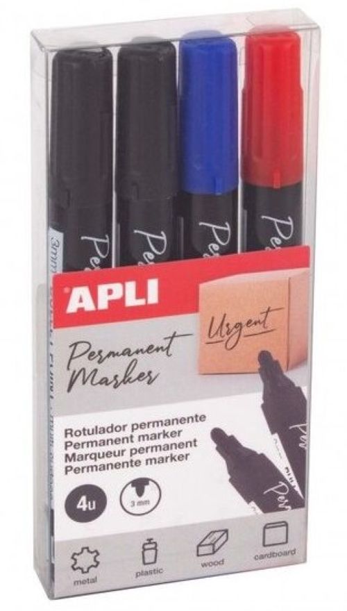 Estuche 4 rotulador permanente apli punta redonda 3 mm. colores: 2 negros, 1 azul, 1 rojo