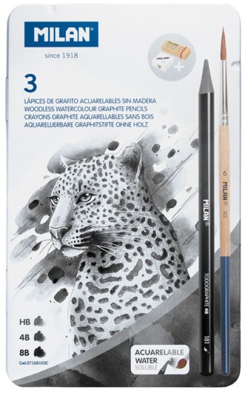 Caja metalica 3 lapices grafito acuarelable, afila, goma y pincel