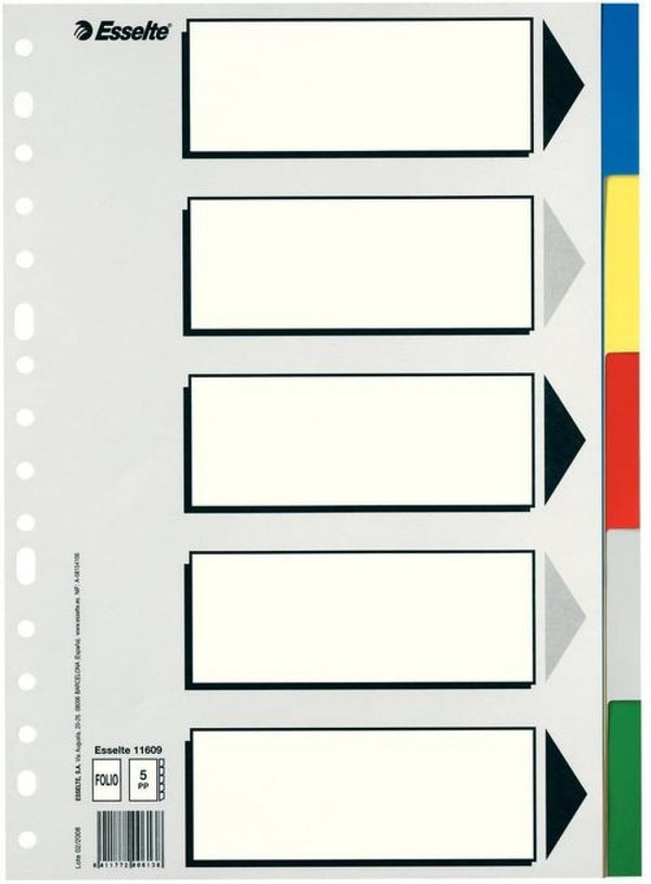 Bolsa separadores folio multitaladro polipropileno con 5 pestañas de colores