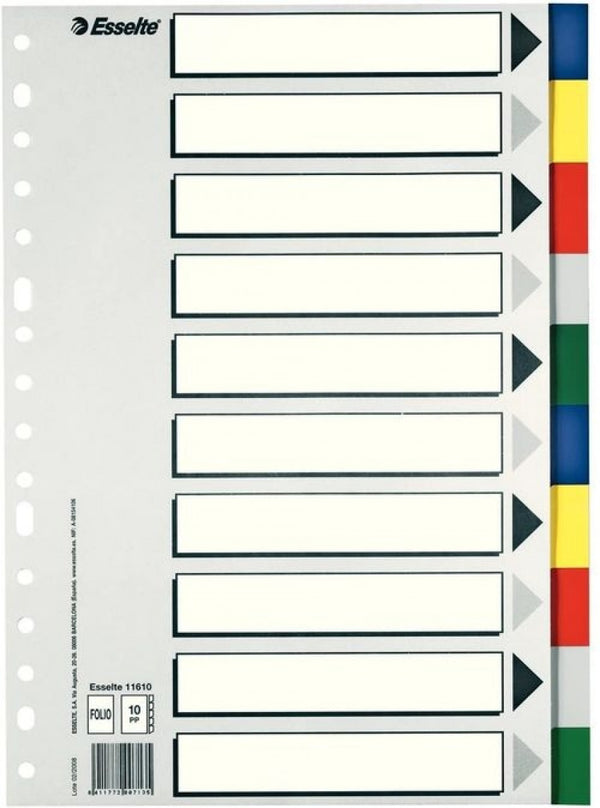 Bolsa separadores folio multitaladro polipropileno con 10 pestañas de colores