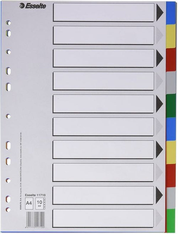 Bolsa separadores a4 multitaladro polipropileno con 10 pestañas de colores