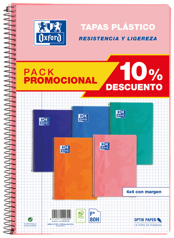 Pack 4+1 cuaderno espiral Fº 80h 90g. cuad.4x4 c/m tapa plástico colores tendencia