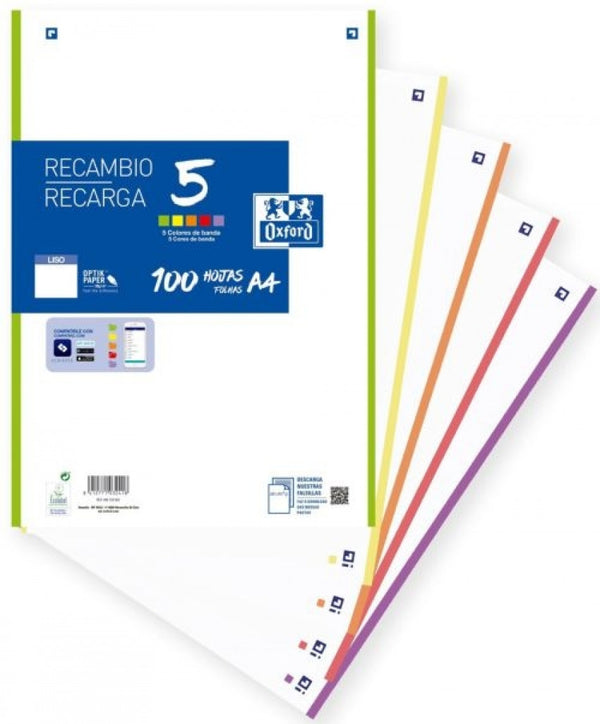 Recambio multicolor a4 100h 90g 4 taladros liso 5 colores de banda