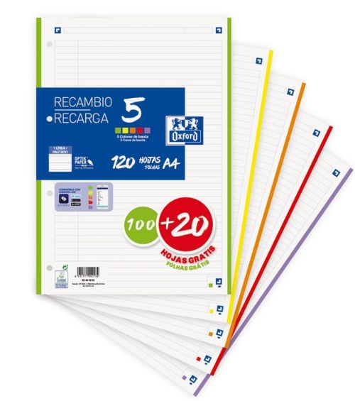 Recambio 5 multicolor a4 100+20h 90g 4 taladros 1horizontal con 5 colores de banda vivos