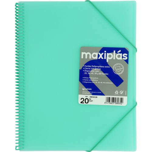CARPETAS A4 20 FUNDAS A4 ESPIRAL MAXIPLAS VERDE AGUA