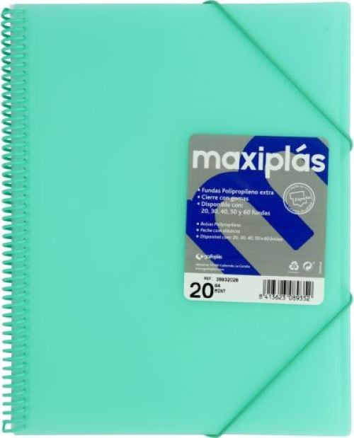 CARPETAS A4 50 FUNDAS A4 ESPIRAL MAXIPLAS VERDE AGUA