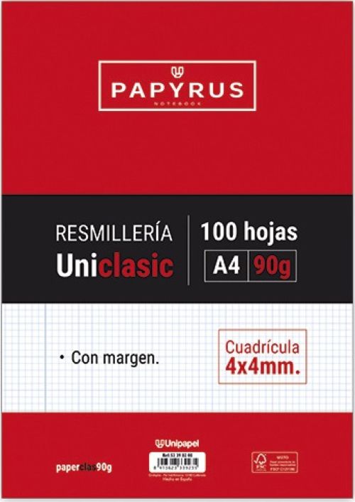 Paquete a4 100h 90g cuadricula 4x4 con margen papyrus-uniclas