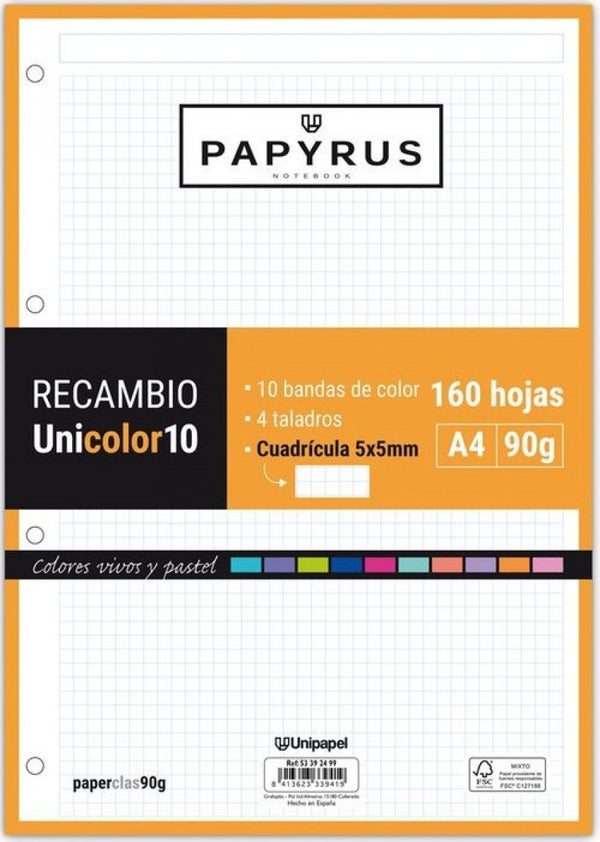 Recambio uni10 a4 160h 90g 4 taladros cuadricula 5x5 10 colores de banda tonos vivos y pastel