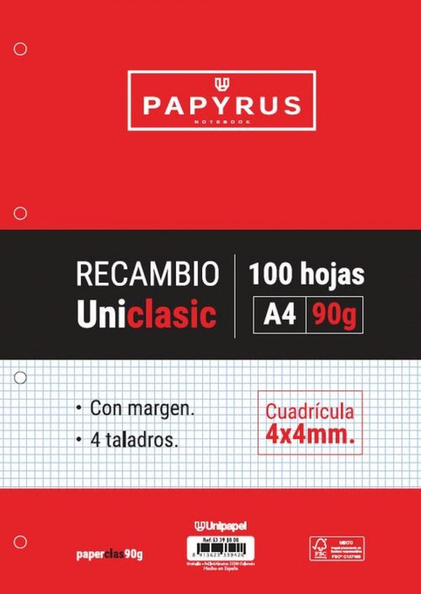 RECAMBIO UNICLAS A4 100H 90G 4 TALADROS CUAD. 4X4 C/MARGEN