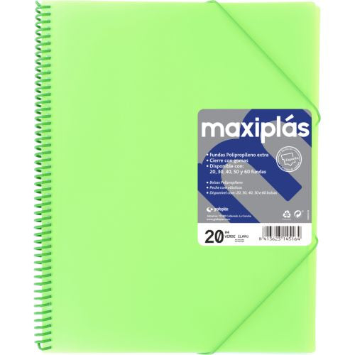 CARPETAS A4 20 FUNDAS A4 ESPIRAL MAXIPLAS VERDE