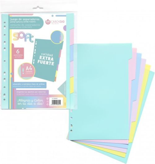 Bolsa separadores a4 soft extra-fuerte 6 pestañas colores pastel multitaladro