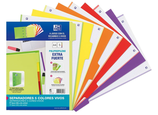 Bolsa separadores a4 multitaladro 5 pestañas pp 500m colores vivos