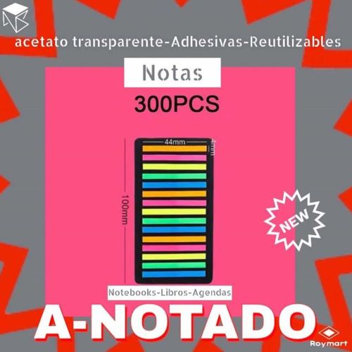 PAQ. 300 NOTAS SEÑALADORES ACETATO TRANSPARENTE COLORES SURTIDOS